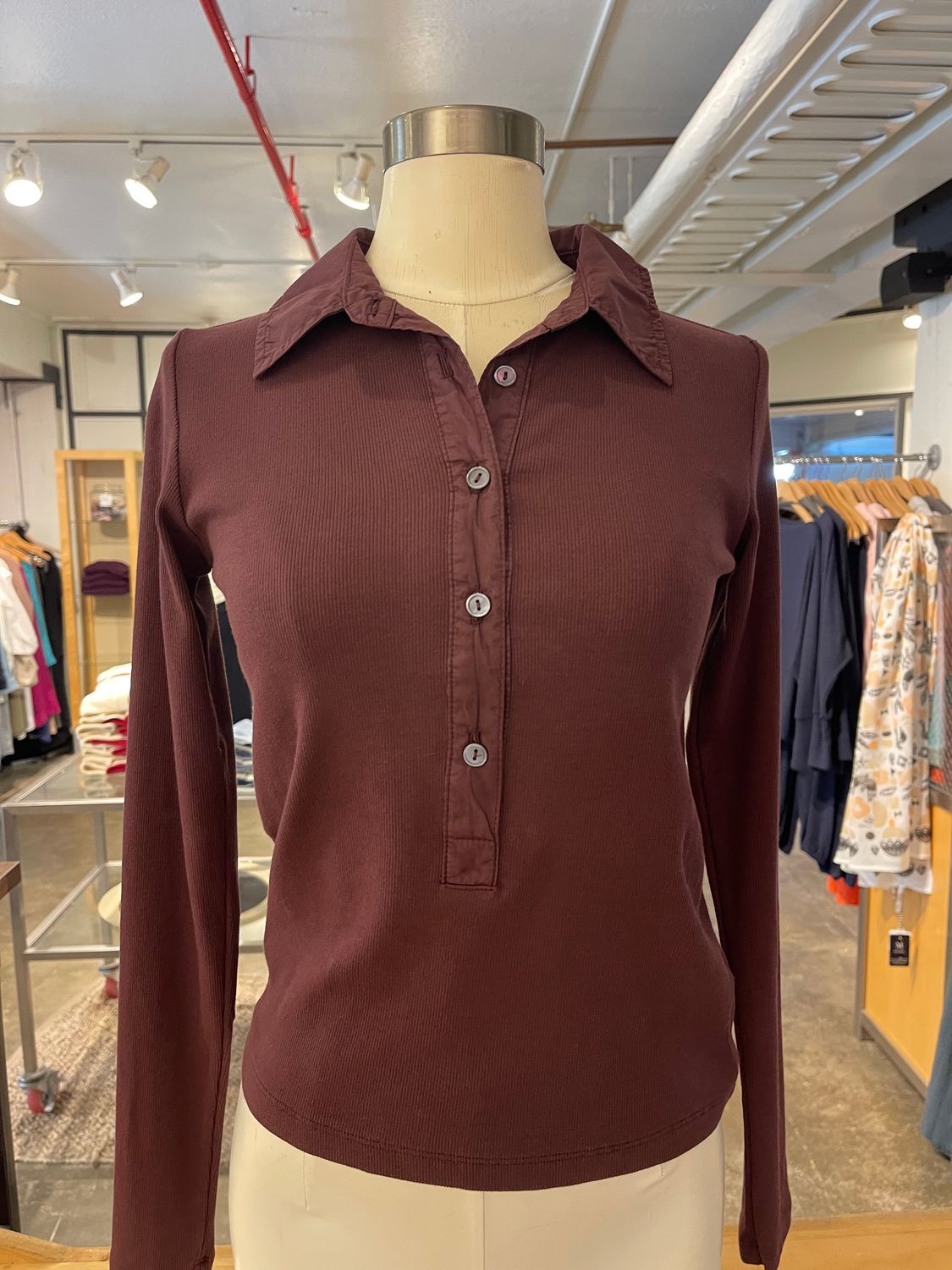 Velvet Arvine Rib and Poplin Mix Media Collared Top in Henna