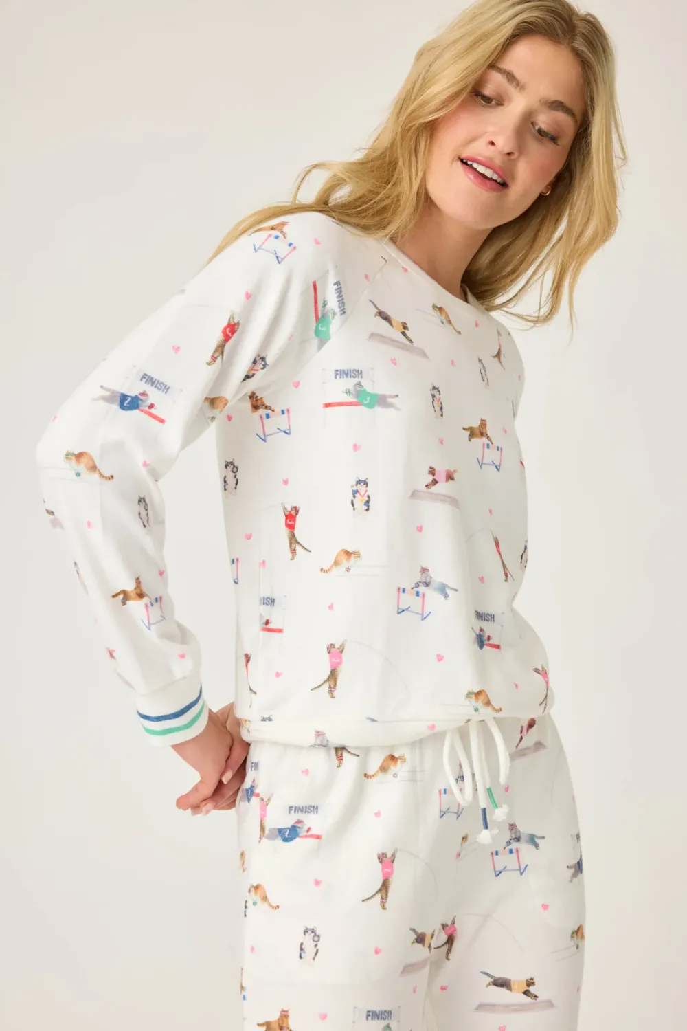 PJ Salvage Catletics Cat Print PJ Set in Ivory