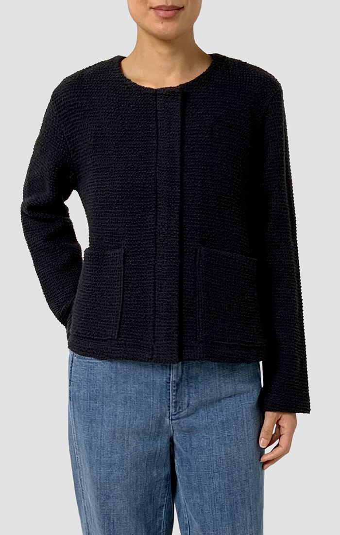 Eileen Fisher Organic Cotton Boucle Round Neck Jacket in Black