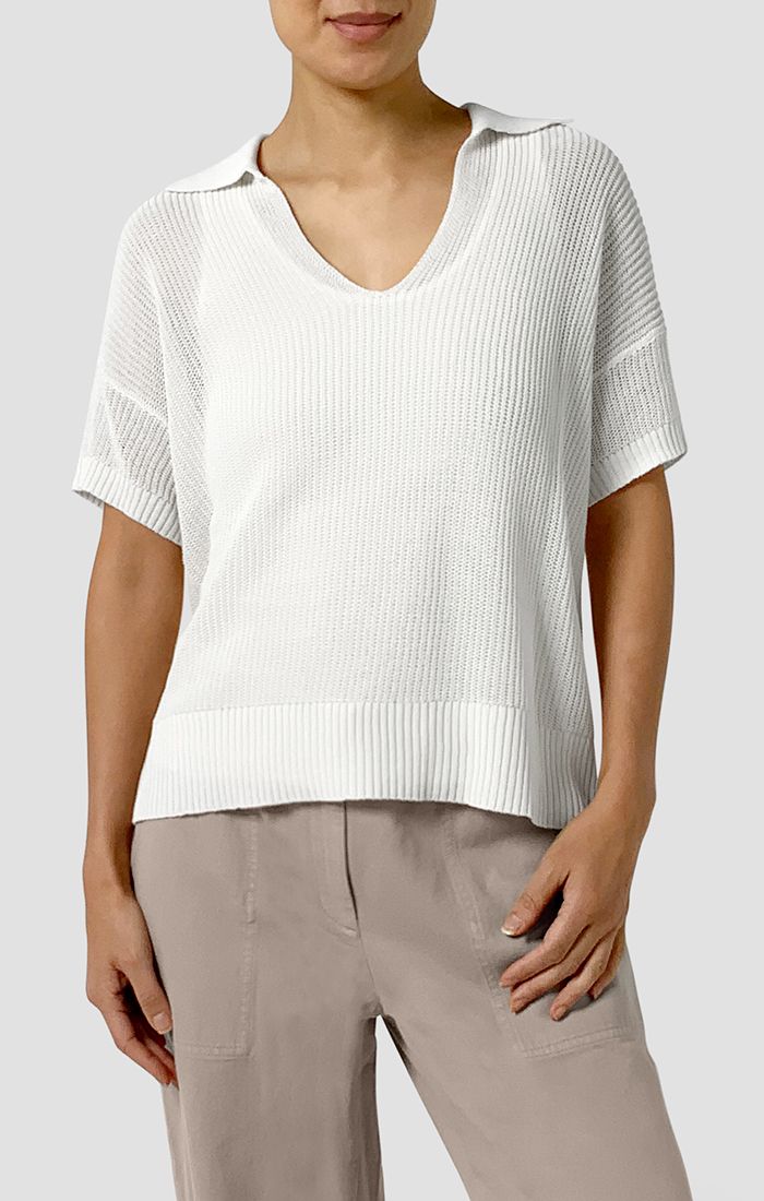 Eileen Fisher Cotton Silk Cord Classic Collar Henley Short Sleeve Sweater in Ivory