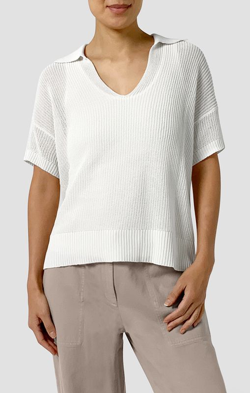 Eileen Fisher Cotton Silk Cord Classic Collar Henley Short Sleeve Sweater in Ivory