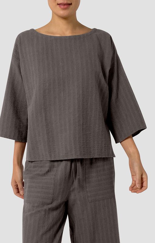 Eileen Fisher Cotton Blend Stripe Stitch Bateau Neck Box Top with 3/4 Sleeves in Rye
