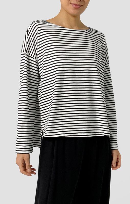 Eileen Fisher Striped Organic Cotton Slub Bateau Neck Bracelet Sleeve Top in White/Black