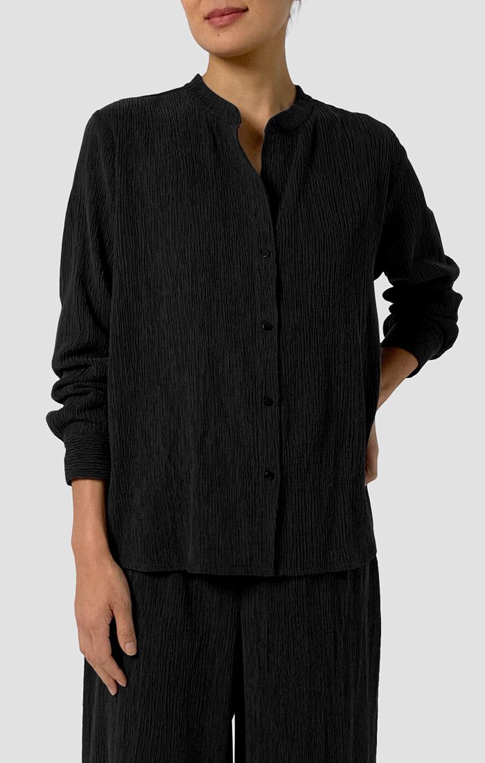 Eileen Fisher Woven Plisse Mandarin Collar Shirt in Black