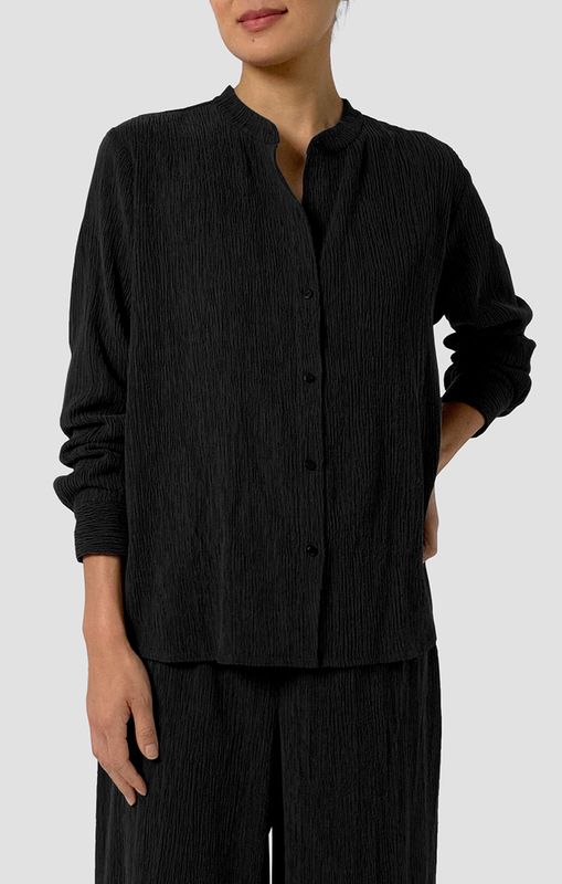 Eileen Fisher Woven Plisse Mandarin Collar Shirt in Black