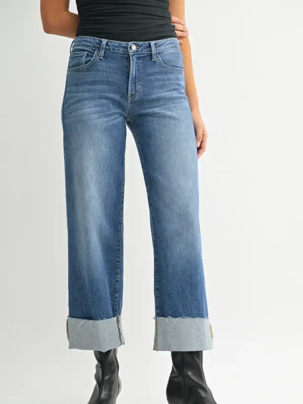 Just Black Denim Cuffed Wide Leg in Medium Wash