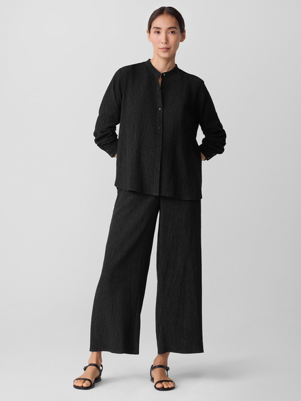 Eileen Fisher Woven Plisse Mandarin Collar Shirt in Black