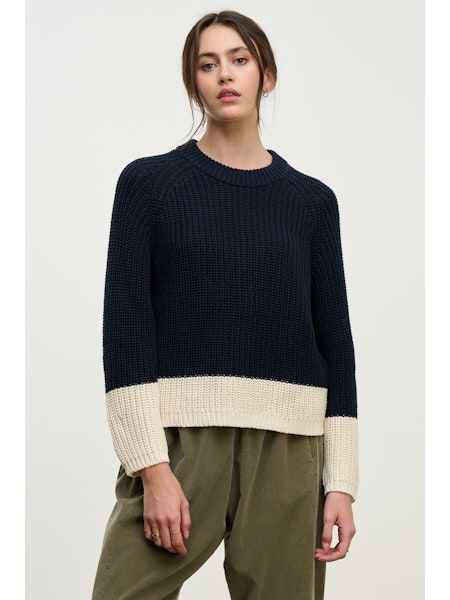 Velvet Shay Chunky Pima Cotton 2 Tone Sweater in Navy