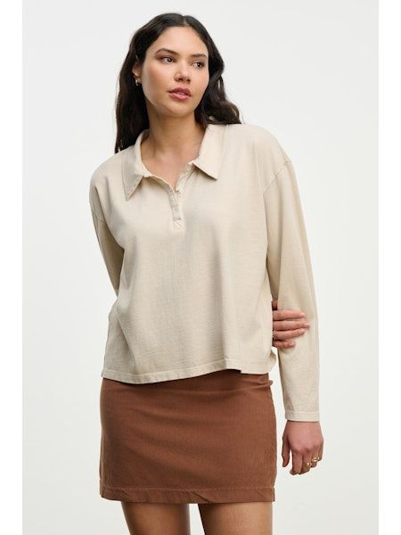 Velvet Nilli Vintage Cotton Jersey Long Sleeve Top w/ Collar in Tile
