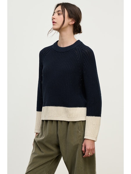Velvet Shay Chunky Pima Cotton 2 Tone Sweater in Navy
