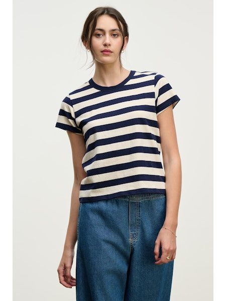 Velvet Anais Jersey Stripe Short Sleeve Top in Navy