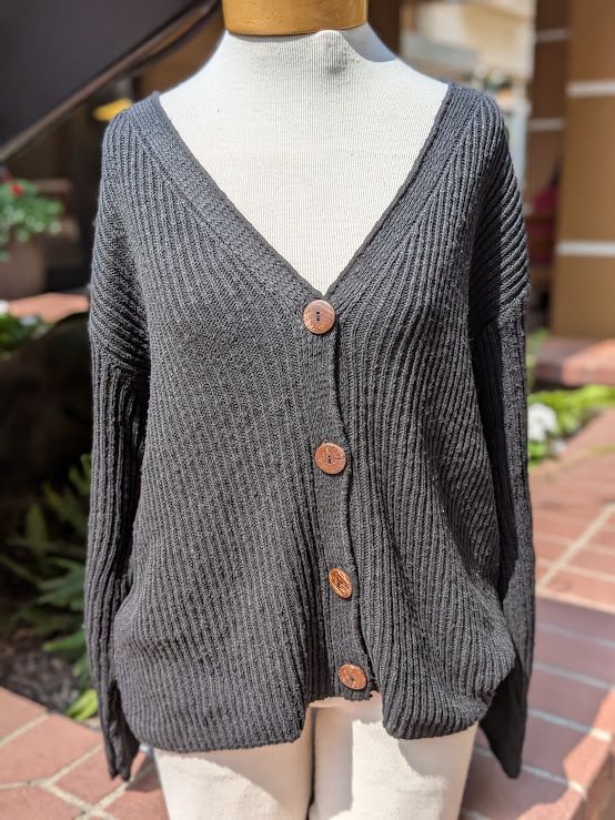 Avalin Ribbed 4 Button Cardigan in Black