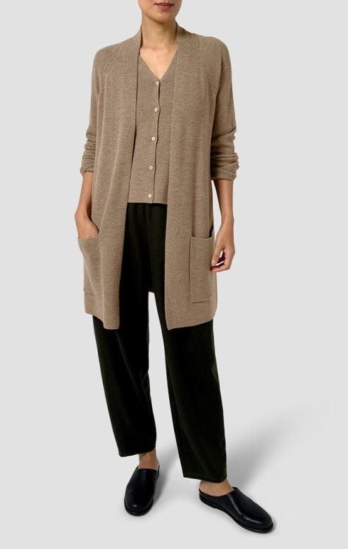 Eileen Fisher Merino High Collar Cardigan in Biscuit