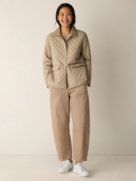 Eileen Fisher Eggshell Recycled Nylon Classic Collar Quilted Jacket in Biscuit