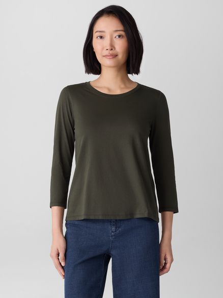 Eileen Fisher Stretch Jersey Knit Scoop Neck 3/4 Sleeve Top in Woodland