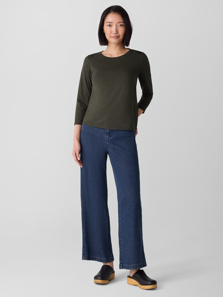 Eileen Fisher Stretch Jersey Knit Scoop Neck 3/4 Sleeve Top in Woodland