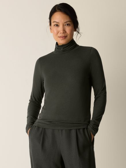 Eileen Fisher Sheer Cotton Blend Knit Turtle Neck Top in Woodland
