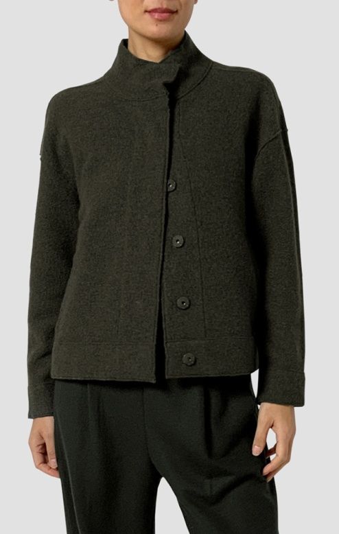 Eileen Fisher Lightweight Boiled Wool Stand Collar Jacket w/Pockets in Woodland