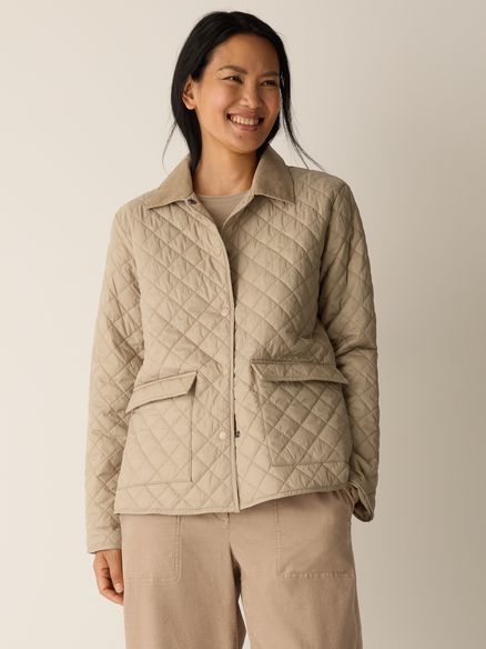 Eileen Fisher Eggshell Recycled Nylon Classic Collar Quilted Jacket in Biscuit