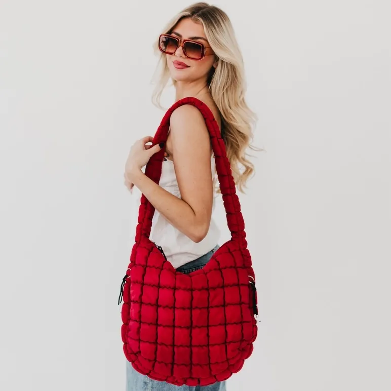 Pretty Simple Carmen Quilted Hobo Tote Bag in Crimson Red Pretty Simple Carmen Quilted Hobo Tote Bag in Crimson Red