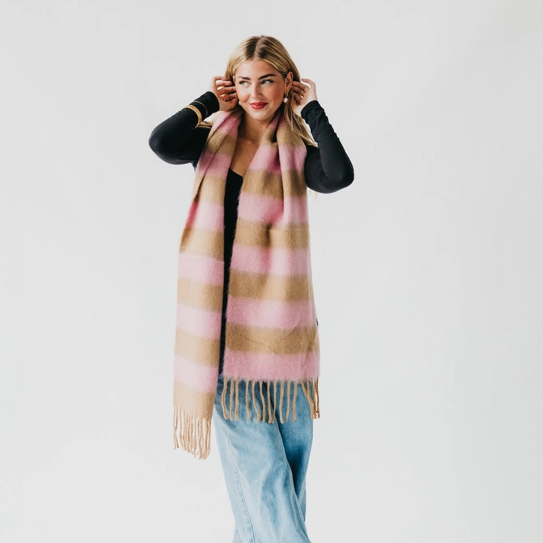 Pretty Simple Stevie Striped Tassel Scarf in Tan/Pink