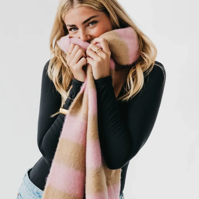 Pretty Simple Stevie Striped Tassel Scarf in Tan/Pink Pretty Simple Stevie Striped Tassel Scarf in Tan/Pink