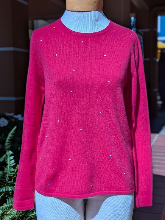 Estheme Cashmere Round Neck Sweater with Colorful Stars in Barbie