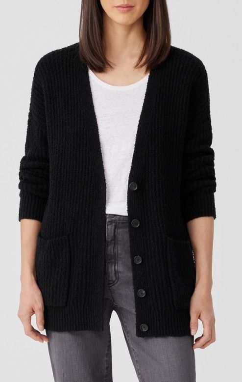 Eileen Fisher Organic Cotton Fluff Boyfriend Cardigan in Black