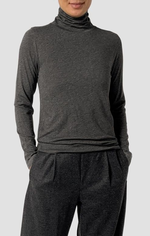 Eileen Fisher Melange Sheer Knit Slim Turtle Neck Top in Charcoal