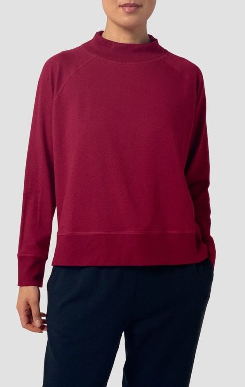 Eileen Fisher Cozy Brushed Terry High Neck Top Side Slits in Ruby