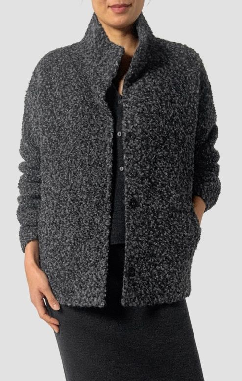 Eileen Fisher Curly Alpaca High Collar Short Coat in Charcoal/Ash Eileen Fisher Curly Alpaca High Collar Short Coat in Charcoal/Ash