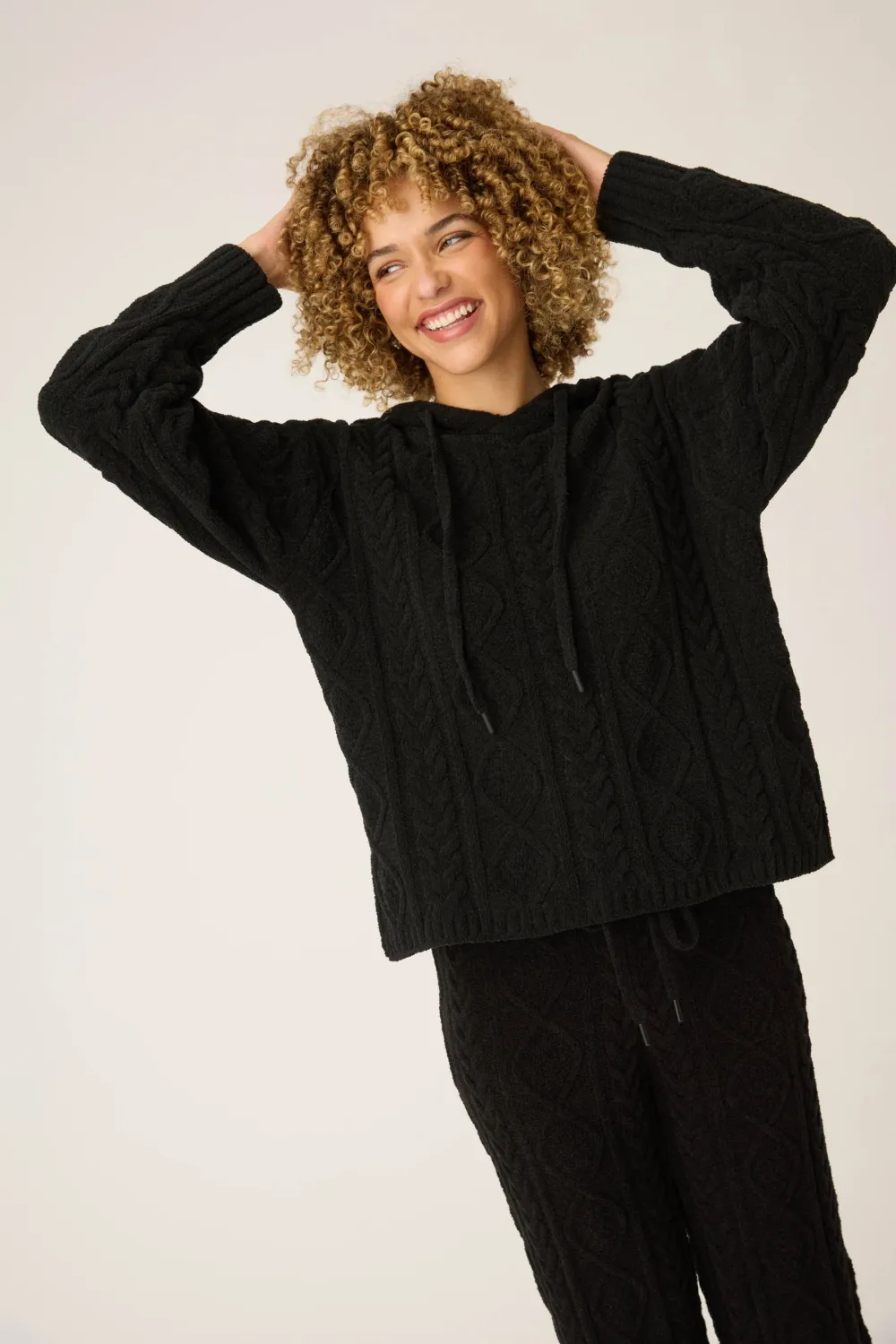 PJ Salvage Cozy Chenille Cable Knit Hoodie in Black