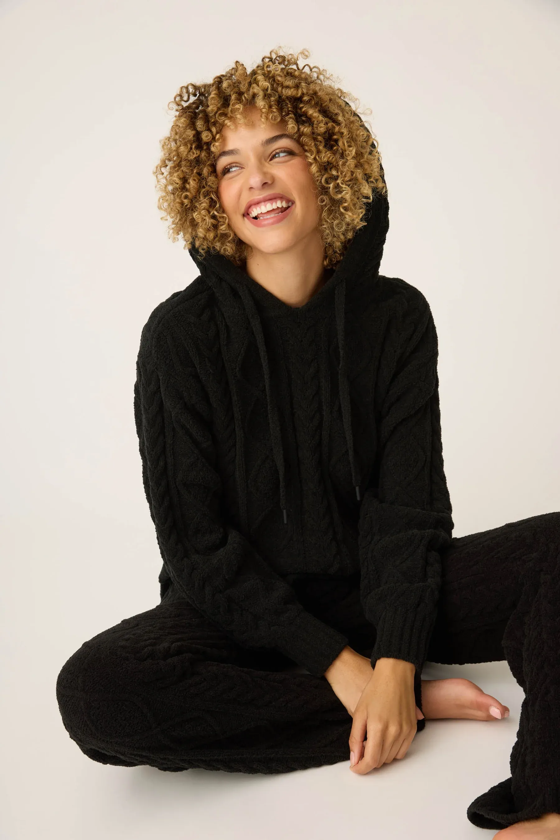 PJ Salvage Cozy Chenille Cable Knit Hoodie in Black