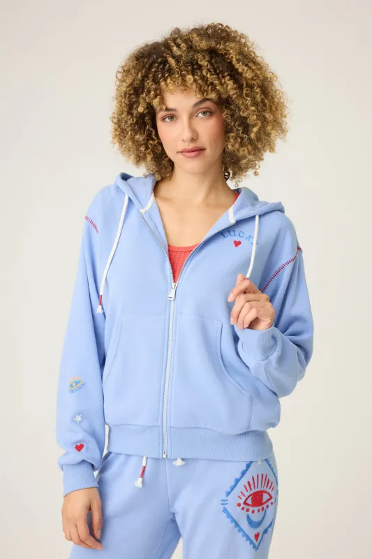 PJ Salvage Lucky Me Hooded Zip Sweatshirt in Periwinkle PJ Salvage Lucky Me Hooded Zip Sweatshirt in Periwinkle