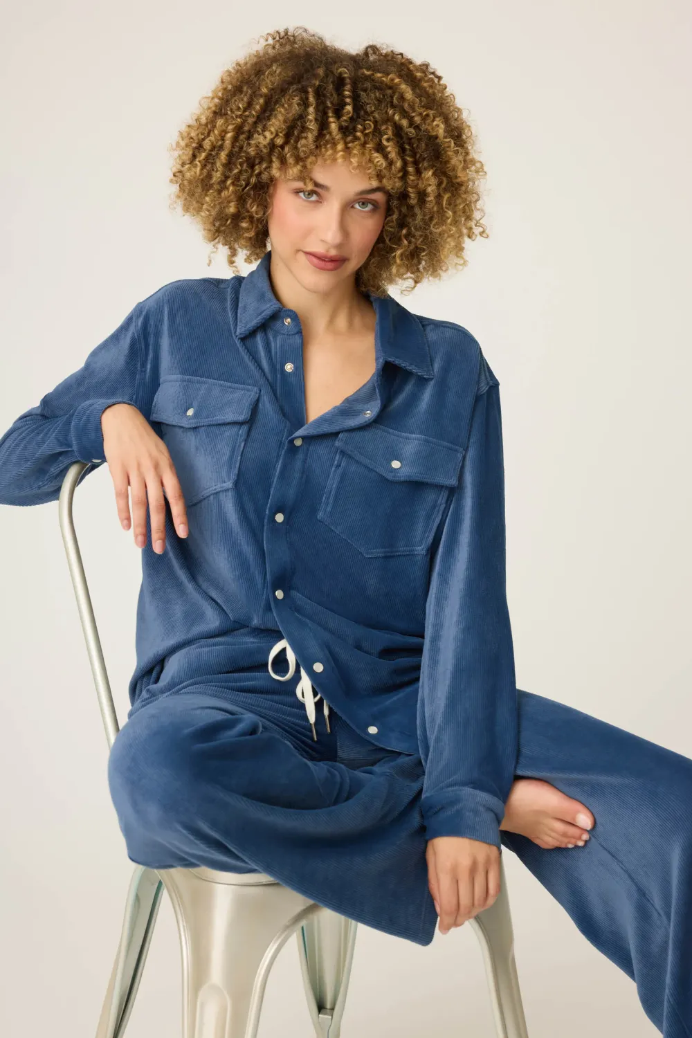 PJ Salvage Craving Corduroy Long Sleeve Button Up Top in Harbor