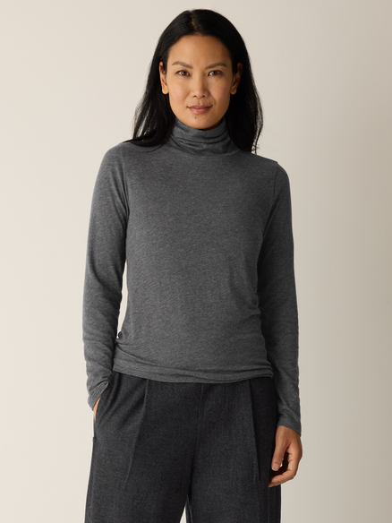 Eileen Fisher Sheer Cotton Blend Knit Turtle Neck Top in Charcoal