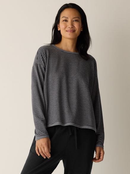 Eileen Fisher Striped Cozy Brushed Terry Round Neck Box Top in Black/Ash Eileen Fisher Striped Cozy Brushed Terry Round Neck Box Top in Black/Ash