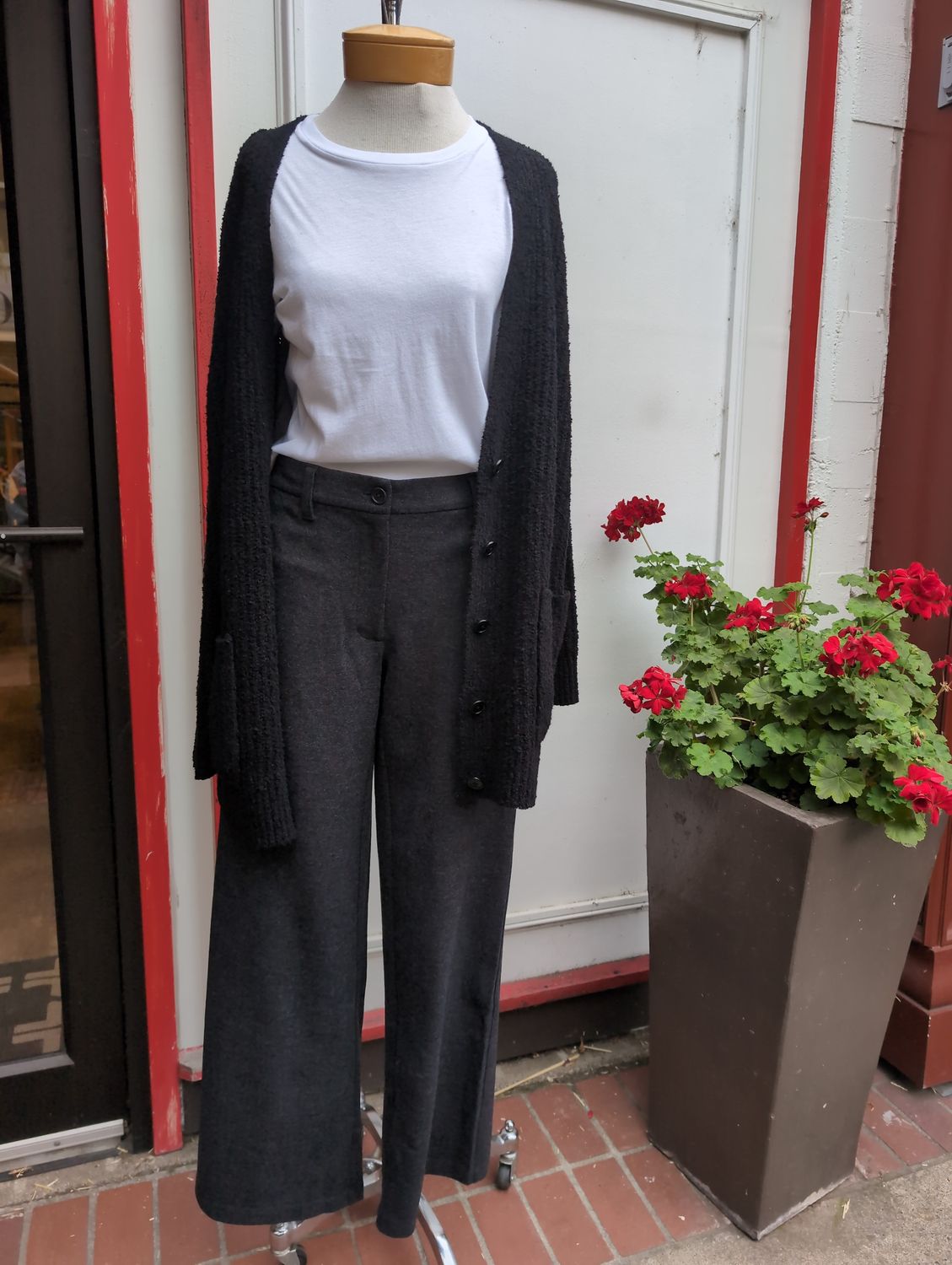 Eileen Fisher Melange Felted Wool Jersey Wide Leg Full Length Trouser in Charcoal