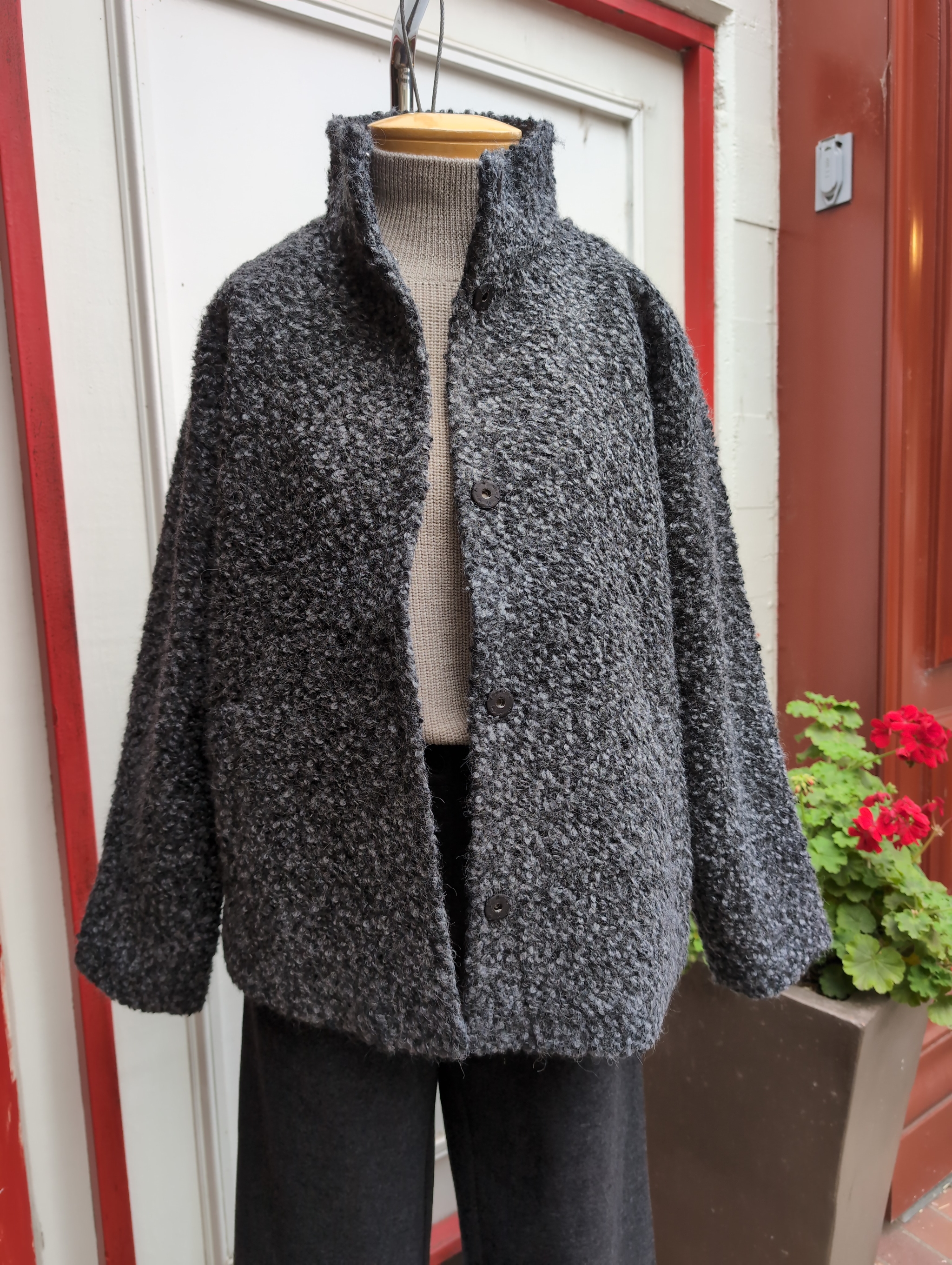 Eileen Fisher Curly Alpaca High Collar Short Coat in Charcoal/Ash