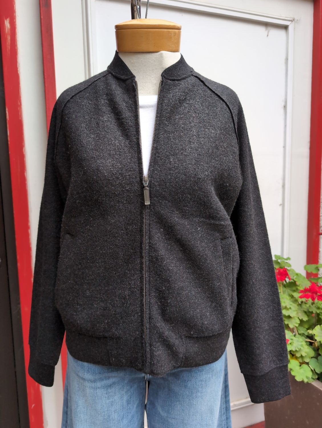 Eileen Fisher Lightweight Boiled Wool Stand Collar Jacket with Pockets in Charcoal