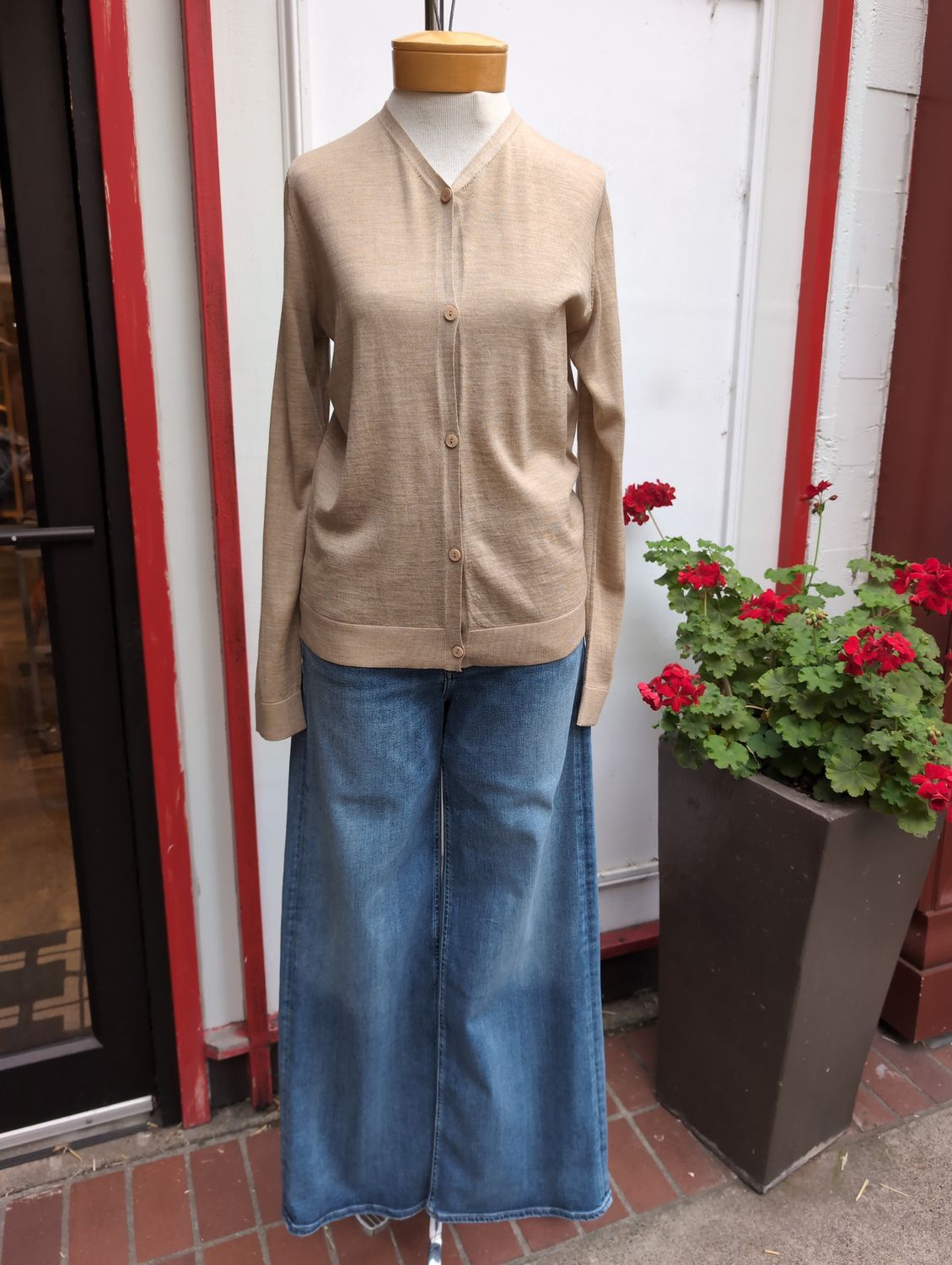Eileen Fisher Super Fine Merino V-Neck Cardigan in Biscuit