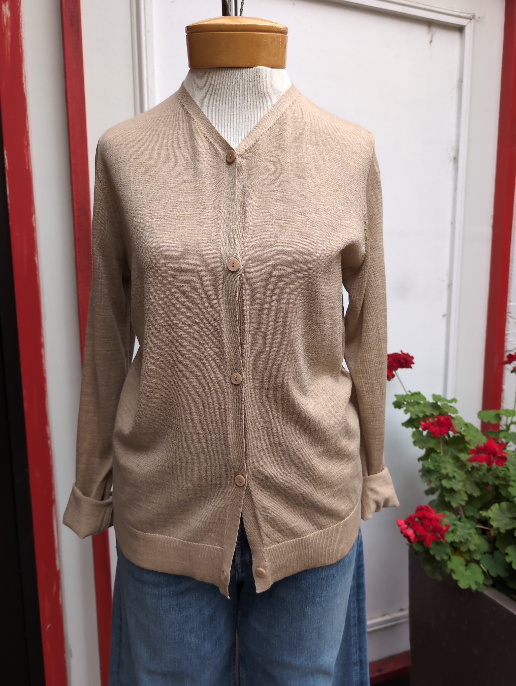 Eileen Fisher Super Fine Merino V-Neck Cardigan in Biscuit