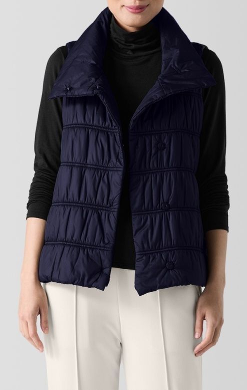 Eileen Fisher Eggshell Recycled Cotton High Collar Ruched Vest in Ink Eileen Fisher Eggshell Recycled Cotton High Collar Ruched Vest in Ink