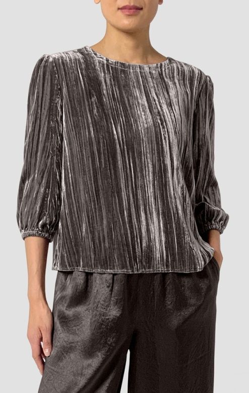 Eileen Fisher Crushed Velvet Round Neck Bubble Sleeve Top in Rye Eileen Fisher Crushed Velvet Round Neck Bubble Sleeve Top in Rye
