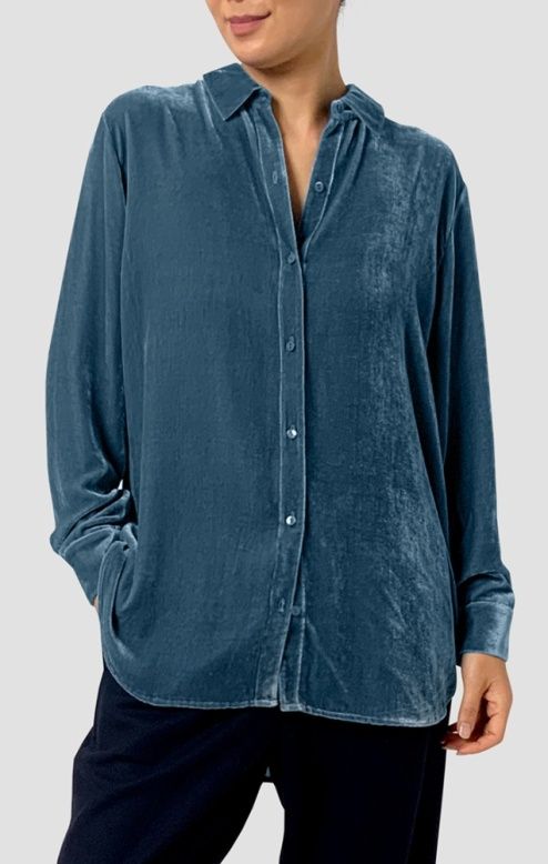 Eileen Fisher Textured Satin Classic Collar Long Shirt in Sea Spray Eileen Fisher Textured Satin Classic Collar Long Shirt in Sea Spray