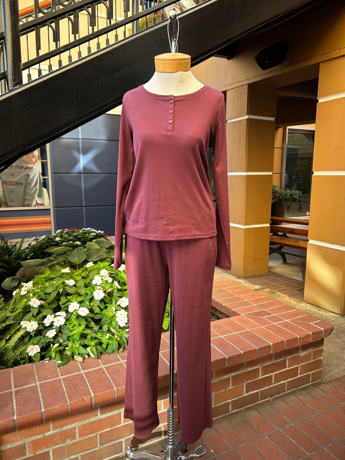 Eileen Fisher Organic Cotton Rib Long Sleeve Henley Ankle Pant Sleep Set in Wine Eileen Fisher Organic Cotton Rib Long Sleeve Henley Ankle Pant Sleep Set in Wine