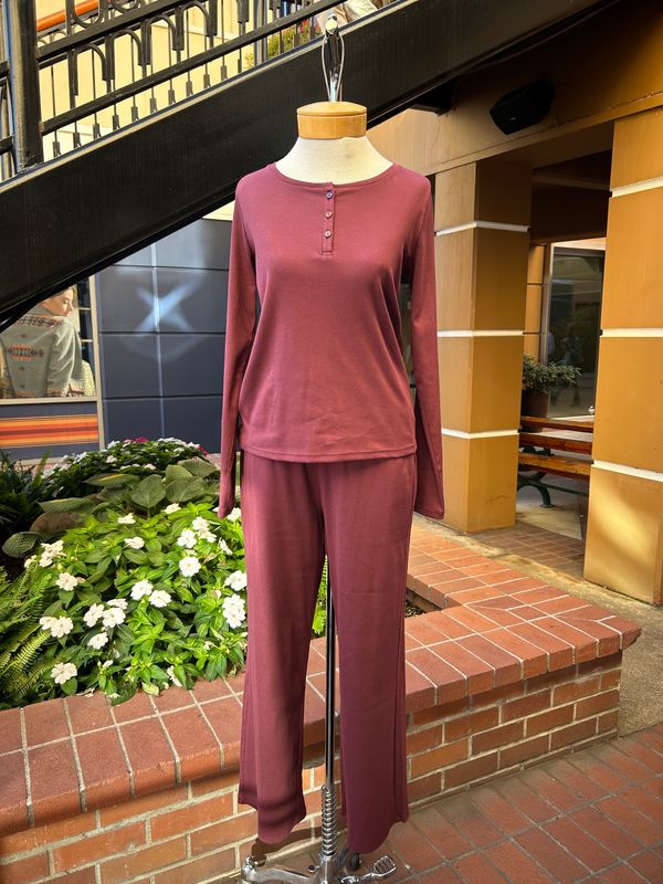 Eileen Fisher Organic Cotton Rib Long Sleeve Henley Ankle Pant Sleep Set in Wine Eileen Fisher Organic Cotton Rib Long Sleeve Henley Ankle Pant Sleep Set in Wine