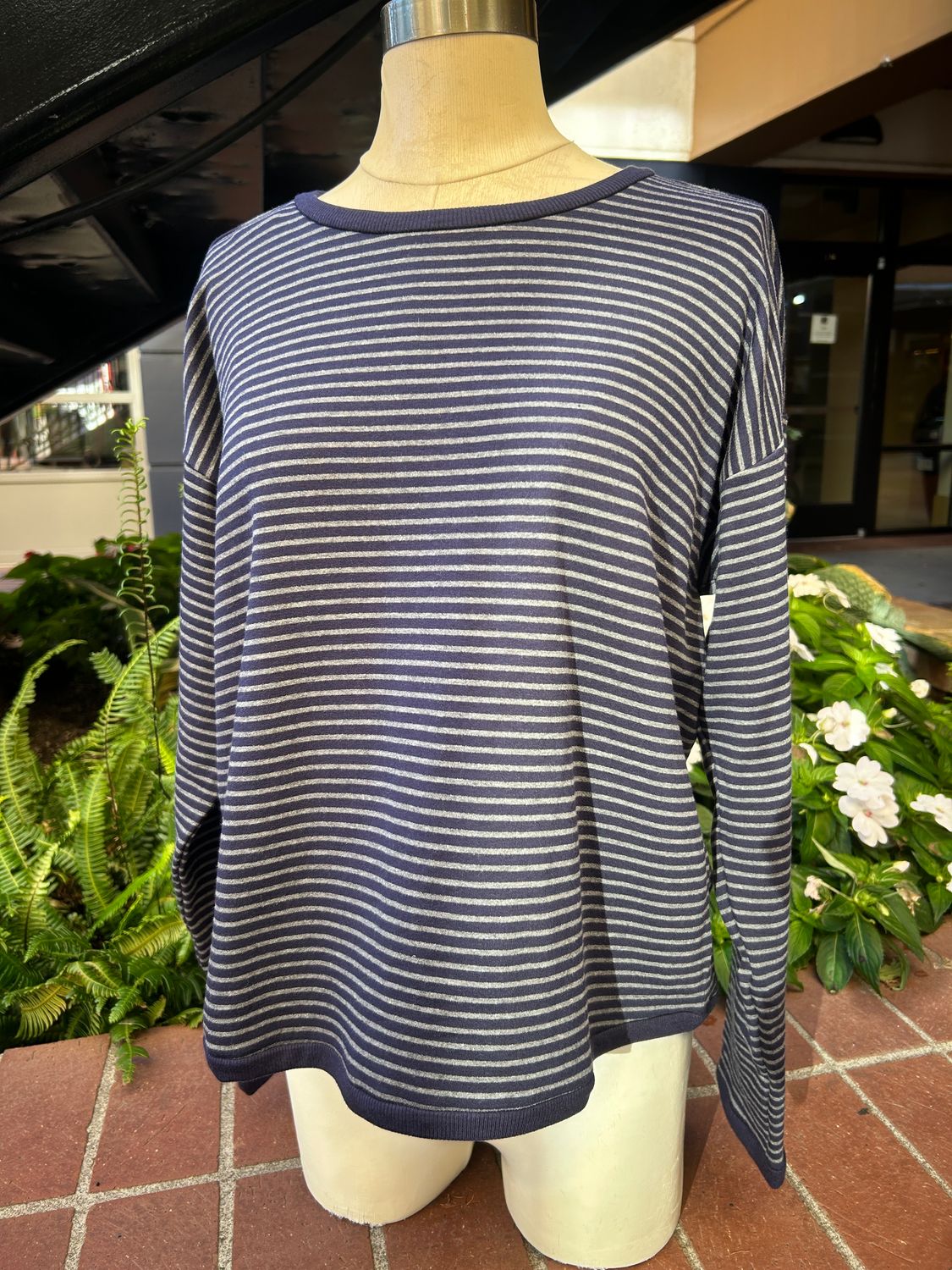 Eileen Fisher Striped Cozy Brushed Terry Round Neck Box Top in Ink Eileen Fisher Striped Cozy Brushed Terry Round Neck Box Top in Ink