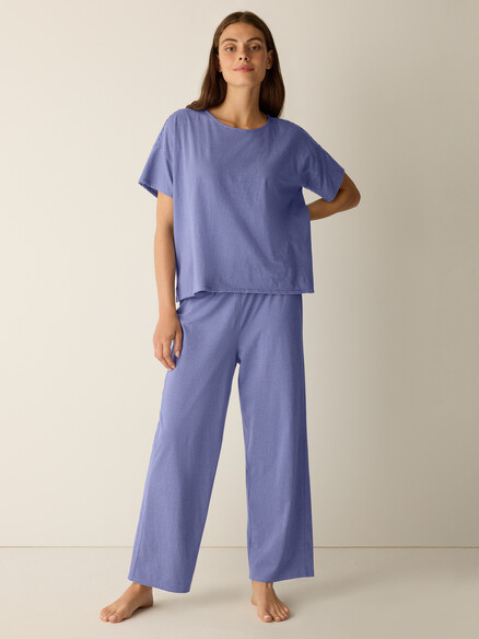 Eileen Fisher Organic Cotton Jersey Stripe Short Sleeve Jewel Neck Ankle Pant Sleep Set in Periwinkle