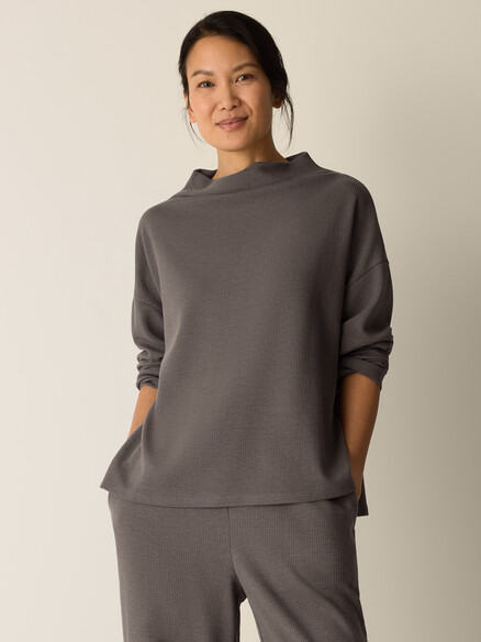 Eileen Fisher Waffle Double Knit High Funnel Neck Box Top in Rye